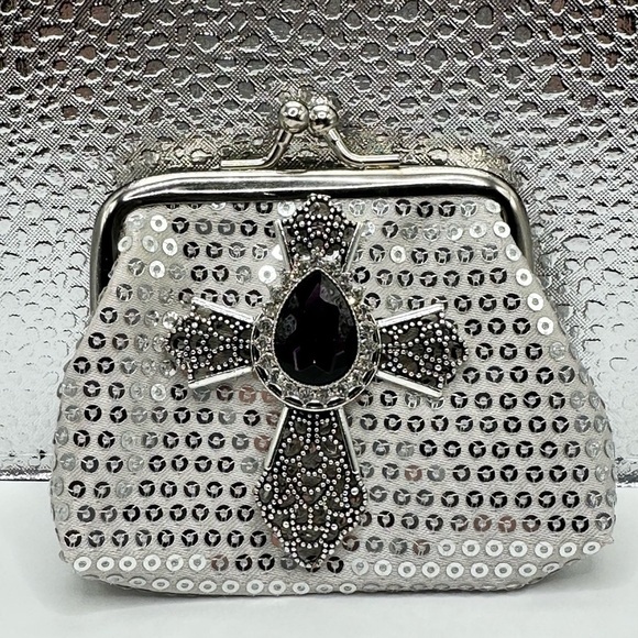 Handbags - Silver Sequin Coin Micro Purse Silver Cross Purple Sparkling 18m Ginger Snap NWT